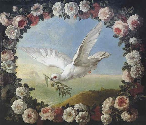 An Allegory Of The Flood; The Sacred Dove With An Olive Branch, The Ark Beyond, Surrounded By A Garland Of Roses Oil Painting by Pieter Casteels III