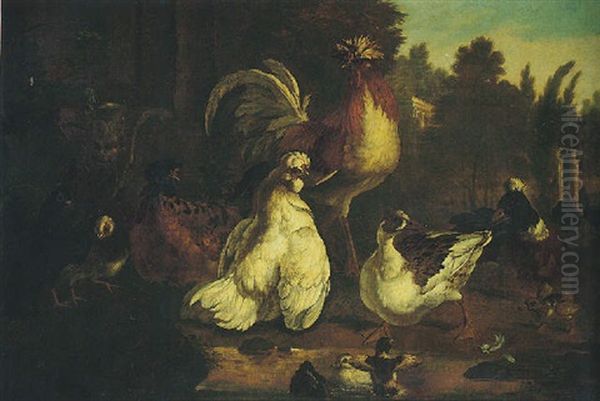 A Wooded Landscape With Bantams, Duck And Pigeon Watering At A Pool In The Grounds Of A Villa Oil Painting by Pieter Casteels III