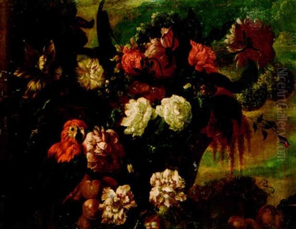 A Parrot By An Urn Of Flowers, And Fruit On A Ledge Oil Painting by Pieter Casteels III