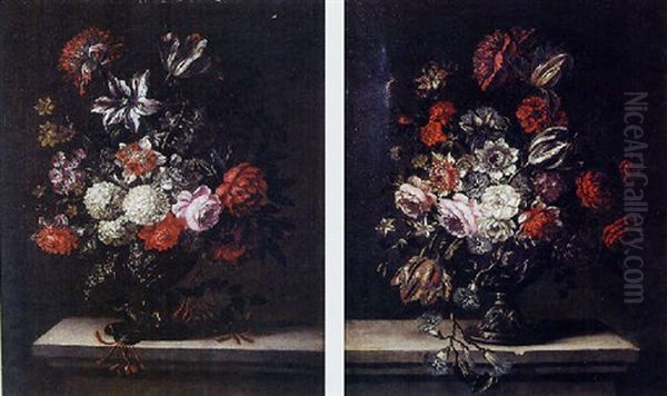 Bouquets De Fleurs Sur Un Entablement Oil Painting by Pieter Casteels III