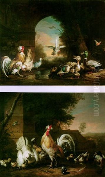 Bantams, Mallard, Pigeon And A Kingfisher In Classical Setting, Wooded Landscape Beyond Oil Painting by Pieter Casteels III