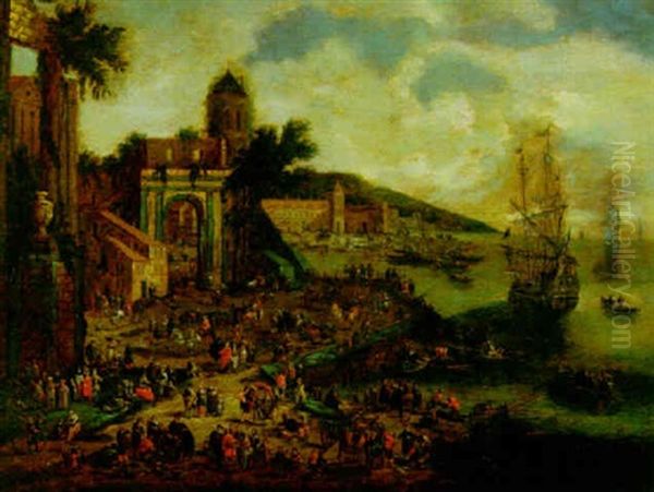 A View Of A Mediterrenean Harbour With Figures In A Square And Fishermen Unloading Their Catch, Sailing Vessels And Other Boat Nearby Oil Painting by Pieter Casteels III