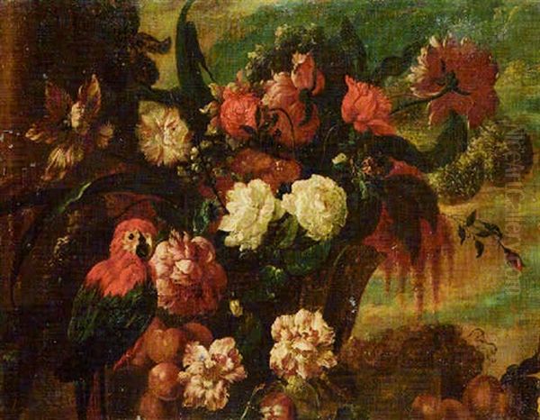 A Parrot By An Urn Of Flowers, And Fruit On A Ledge Oil Painting by Pieter Casteels III