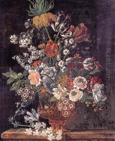 Still Life Of Tulips, Peonies, Iris, And Other Flowers In A Vase, Resting On A Stone Ledge Oil Painting by Pieter Casteels III