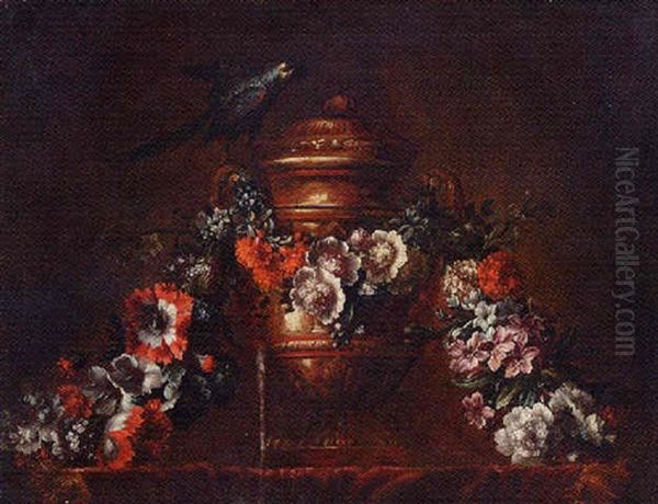 A Bronze Vase With A String Of Flowers And A Parrot Oil Painting by Pieter Casteels III