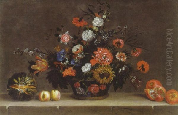 Corbeille De Fleurs: Tulipes Et Pivoines, Avec Melon, Peches, Grenades Voisinant Sur Un Entablement Oil Painting by Pieter Casteels III