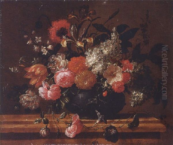 Roses, Tulips, Irises, Lilacs, A Poppy And Other Flowers In A Sculpted Vase On A Stone Ledge Oil Painting by Pieter Casteels III