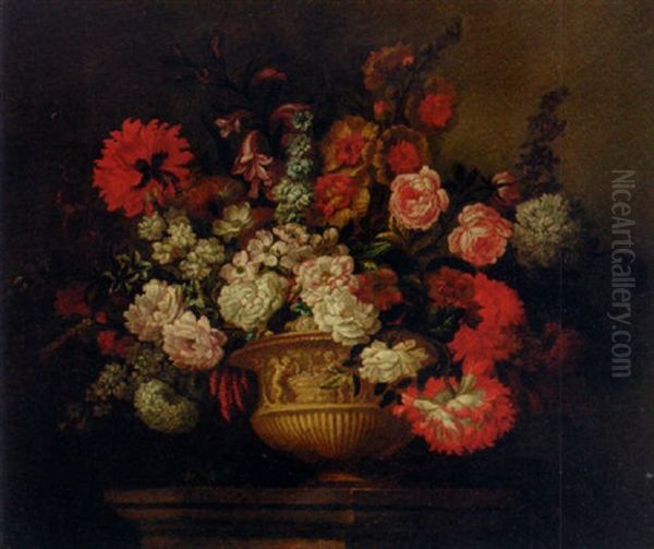 Roses, Lilies, Narcissi, Marigolds And Other Flowers In A Sculptured Urn On A Plinth Oil Painting by Pieter Casteels III