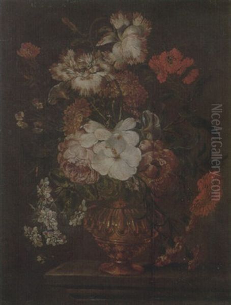 Still Life Of Roses, Carnations, Daisies And Other Flowers In A Gilt Vase Upon A Stone Ledge Oil Painting by Pieter Casteels III