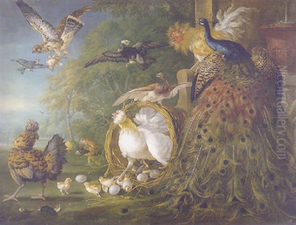 A Peacock, Cockerel, Hen With Her Chicks, A Kestrel With Its Prey And Other Birds, By A Bas-relief Sculpture, Landscape Beyond Oil Painting by Pieter Casteels III