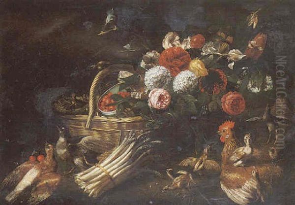 Panier De Fleurs Et De Fruits, Botte D'asperges Et Volatiles Oil Painting by Pieter Casteels III