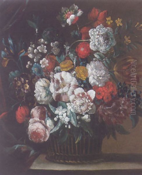 Still Life Of Roses, Carnations, Irises And Other Flowers In A Wicker Basket Upon A Partly-draped Stone Ledge Oil Painting by Pieter Casteels III