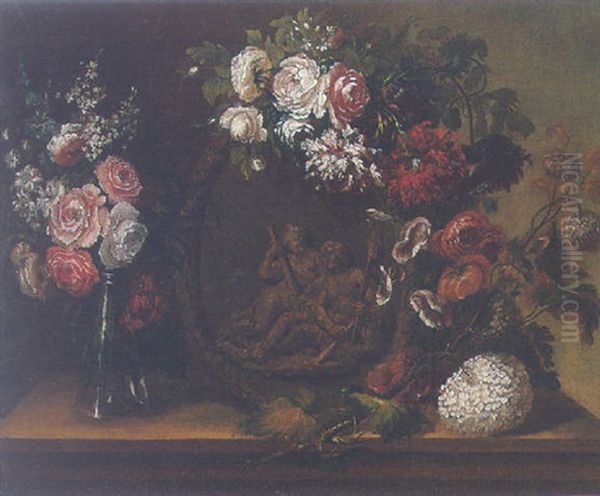 Still Life Of Roses, Carnations, Delphiniums And Other Flowers Surrounding A Terracotta Sculpture Of Hercules And Omphale Oil Painting by Pieter Casteels III