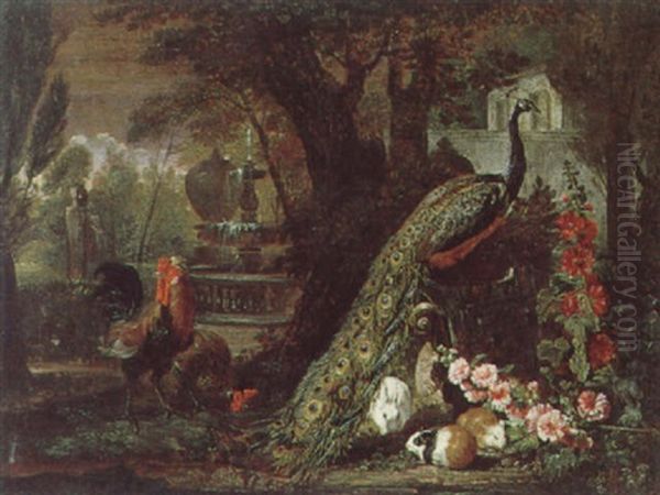 Ein Pfau Mit Huhnern Und Meerschweinchen In Einem Schlospark Oil Painting by Pieter Casteels III