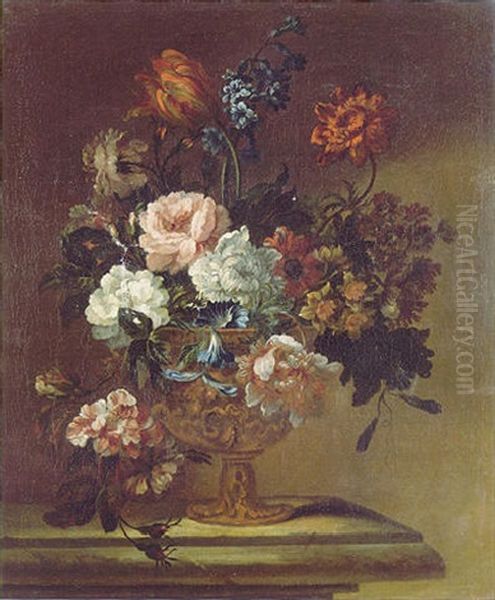 A Still Life Of Roses, Hyacinths, Convolvulus, Narcissi, Tulips And Other Flowers In A Sculpted Bronze Vase On A Ledge Oil Painting by Pieter Casteels III