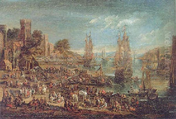 A Capriccio Of A Mediterranean Harbour Scene With Numerous Figures On The Quayside, Merchant And Other Vessels In An Estuary Oil Painting by Pieter Casteels III