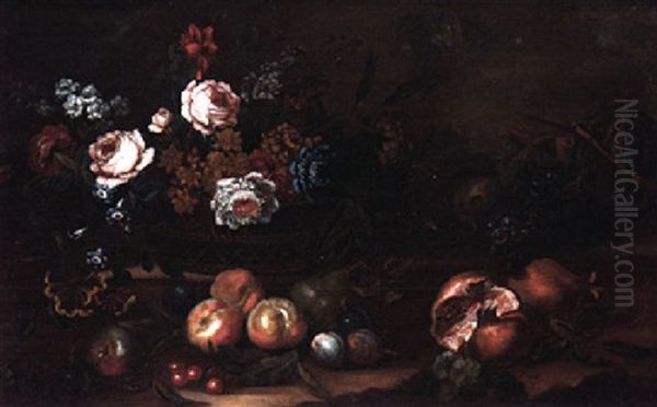 A Still Life Of Various Flowers In A Wicker Basket, Pomegranates, Apples, Pears, Cherries, Plums, Grapes, And A Melon Oil Painting by Pieter Casteels III