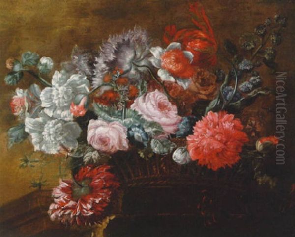 A Basket Of Flowers On A Pedestal Oil Painting by Pieter Casteels III