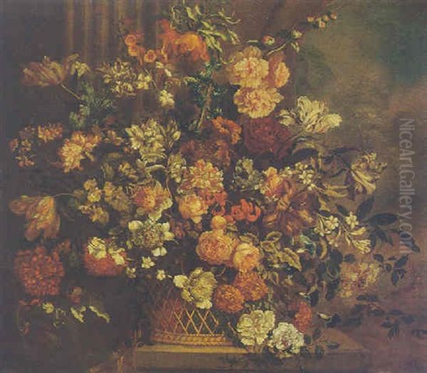 Still Life Of Flowers In A Basket On A Stone Ledge In A Landscape Oil Painting by Pieter Casteels III