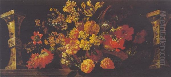 Still Life Of A Basket Of Flowers On A Ledge Between Baluster Vases Oil Painting by Pieter Casteels III