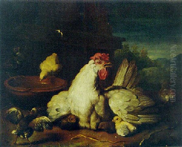 A Hen With Chicks In A Farmyard by Pieter Casteels III