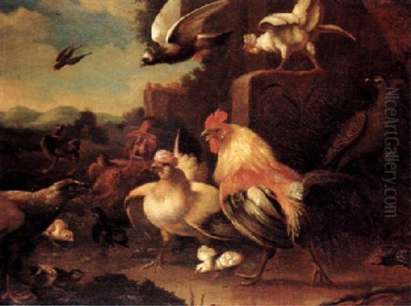 A Cockerell, A Hen And Chickens Surprised By An Eagle, In A Landscape by Pieter Casteels III