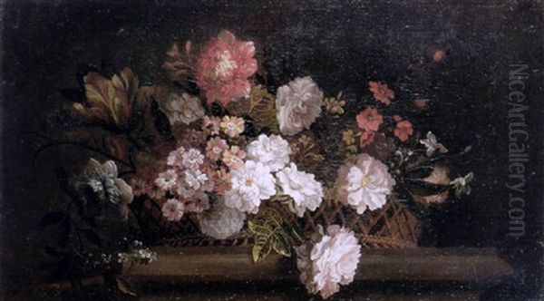 Still Life Of Roses, A Tulip, Forget-me-nots, Jasmine And Other Flowers In A Basket, Resting On A Stone Ledge Oil Painting by Pieter Casteels III