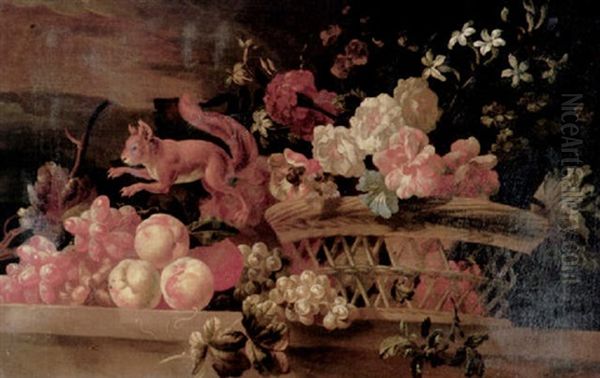 A Still Life Of A Basket Of Flowers, Beside Which A Red Squirrel Leaps Over Peaches And Grapes Resting On A Stone Ledge Oil Painting by Pieter Casteels III