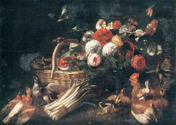 Panier De Fleurs Et De Fruits, Botte S'asperges Et Volailles Oil Painting by Pieter Casteels III