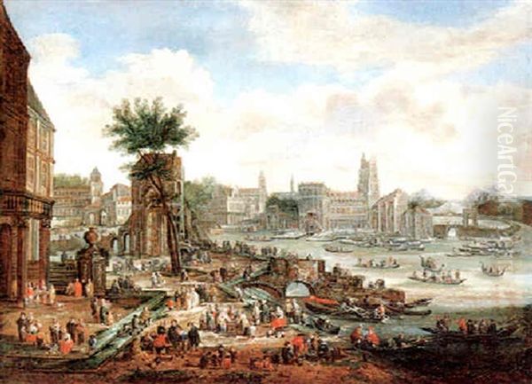 A Port With Many Figures And Boats Oil Painting by Pieter Casteels III