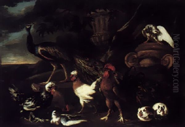 A Peacock, Cockerel, Hens, Guinea Pigs, And Pigeons In A Landscape Oil Painting by Pieter Casteels III