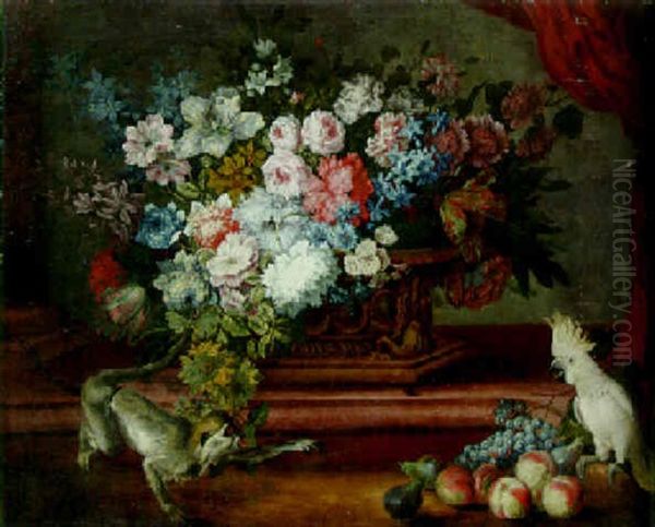 Tulips, Roses, Carnations And Other Flowers In An Urn On A Ledge, With A Monkey, Fruit And Cockatoo Oil Painting by Pieter Casteels III