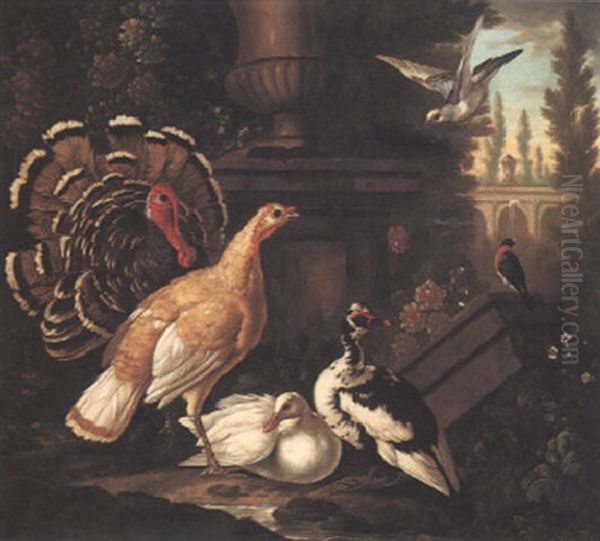 Exotic Fowl In A Landscape With Classical Buildings Beyond Oil Painting by Pieter Casteels III