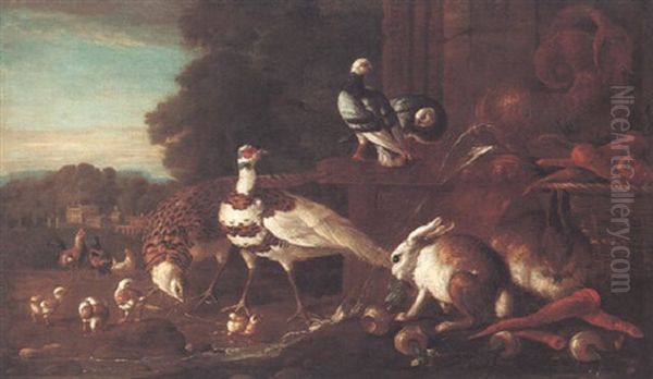 Farmyard Animals Feeding Beside A Fountain In The Shape Of A Fish Oil Painting by Pieter Casteels III