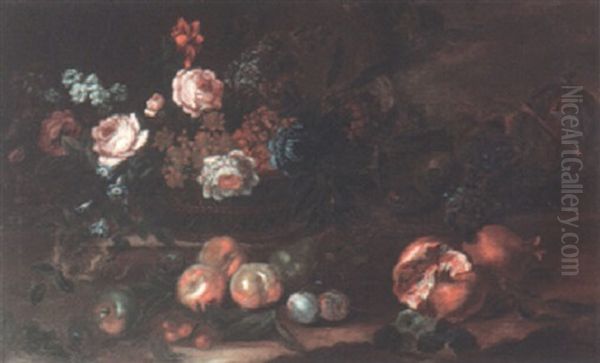 Still Life Of Flowers In A Basket On A Ledge Oil Painting by Pieter Casteels III