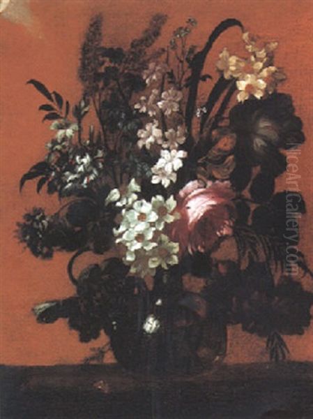 Still Life Of Roses, Daffodils, And Other Flowers In A Glass Vase by Pieter Casteels III