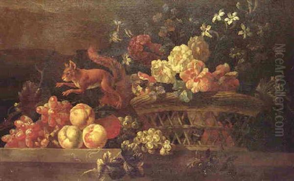 Still Life Of Basket Of Flowers, Beside A Squirrel Leaping Over Fruit On A Stone Ledge Oil Painting by Pieter Casteels III