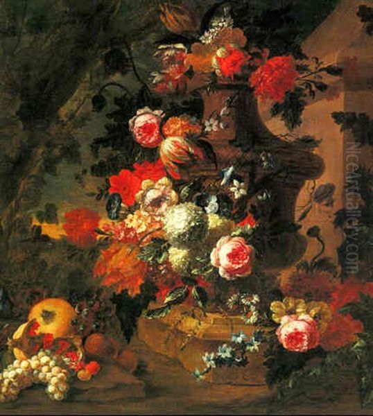 Still Life Of Flowers In A Vase Set In A Landscape by Pieter Casteels III