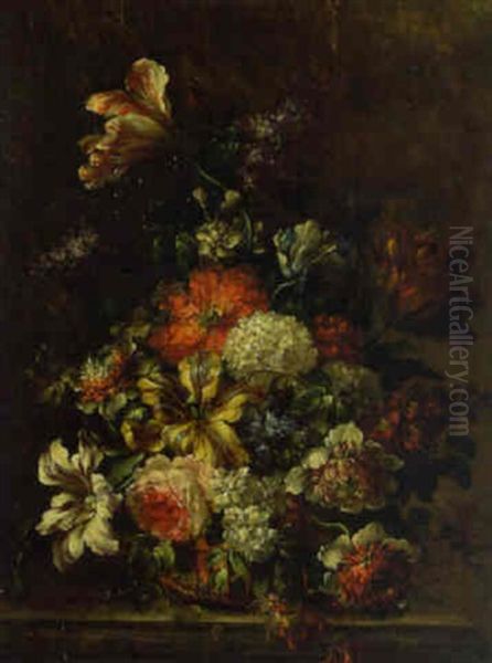 Geraniums And Other Flowers In Basket On Ledge Oil Painting by Pieter Casteels III