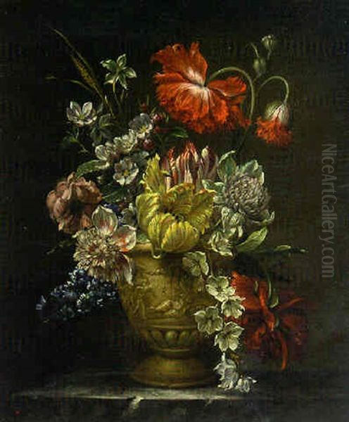 Flowers In A Sculpted Urn On A Marble Ledge Oil Painting by Pieter Casteels III