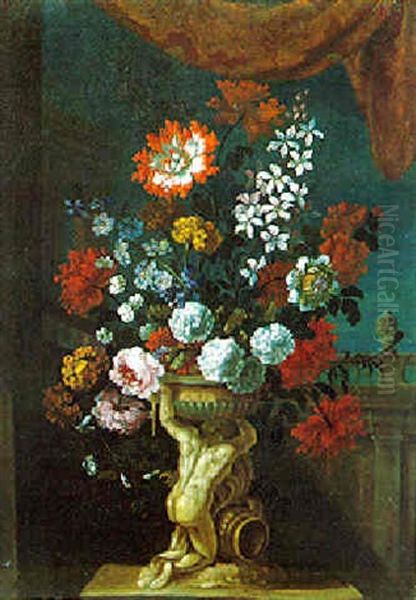 Blumenstraus In Einer Figuralen Steinernen Vase In Einem Schlospark Oil Painting by Pieter Casteels III