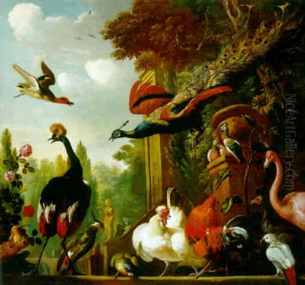 A Crested Crane, And Other Birds On A Terrace Oil Painting by Pieter Casteels III