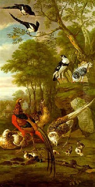 Golden Pheasant With Her Chicks, Pigeons And Magpies In Parkland Oil Painting by Pieter Casteels III