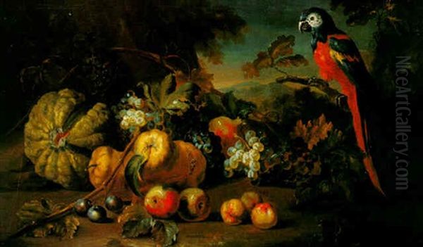 Still Life With Watermelon, Pears, And Assorted Fruit And A Parrot Nearby, All Set Within A Wooded Landscape Oil Painting by Pieter Casteels III