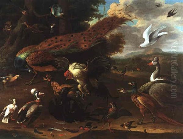 An Extensive Parkland With Numerous Birds, Including A Cockerel Swooping On A Raven, Peacocks, A Peahen, An Owl, A Jay, A Kestrel, A Goose, Bullfinches, Crested Cranes And A Flamingo Beyond Oil Painting by Pieter Casteels III