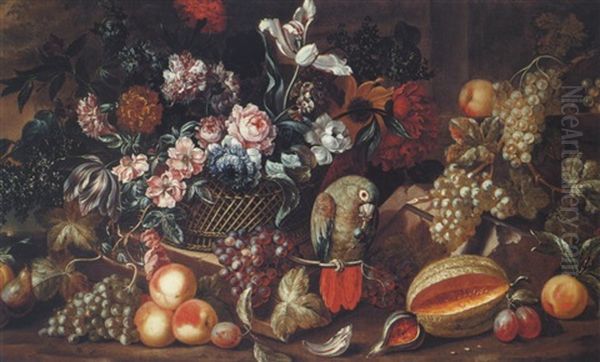 Still Life Of Flowers In A Basket On A Stone Ledge Surrounded By Fruit, With A Parrot Eating A Grape Oil Painting by Pieter Casteels III