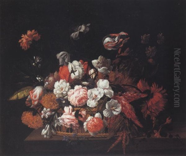 Still Life Of Roses, Carnations, Tulips And Other Flowers In A Basket Upon A Ledge Oil Painting by Pieter Casteels III