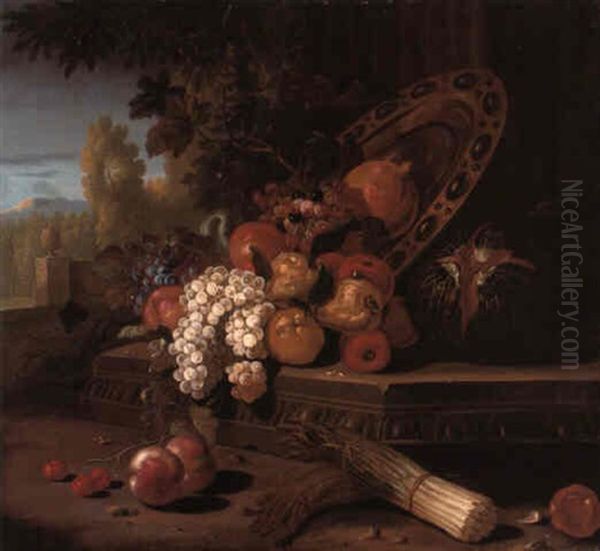 Grapes And Other Fruit With A Platter On A Ledge With Vegetables Oil Painting by Pieter Casteels III