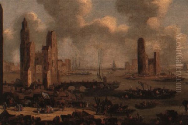 A Capriccio Harbour With Numerous Figures by Pieter Casteels III