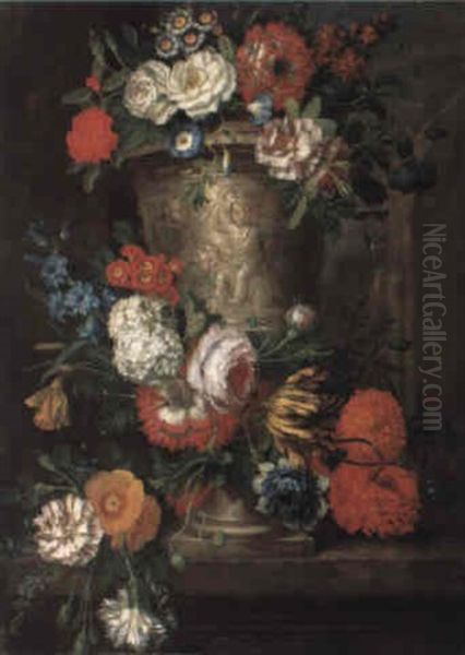 Fleurs Entourant Un Vase De Pierre Sculpte Oil Painting by Pieter Casteels III